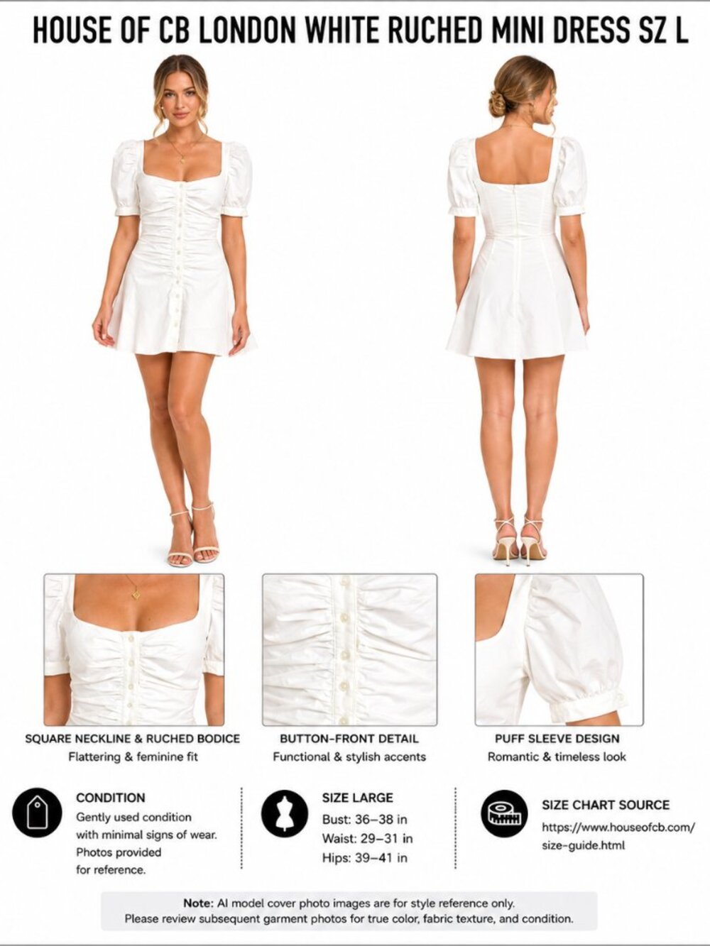 HOUSE OF CB WHITE RUCHED MINI DRESS SZ L
